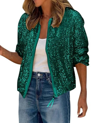 shownicer Paillettes Veste Femme Élégante Manches Longues Manteau Jacket Casual Zipper Party Blouson Bomber Veste Streetwear A Vert L