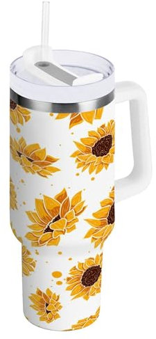 Vacuum Coldee Tumbler with Straw Lid Kids Insulated Water Bottle Reusable Travel Coffee Mug with Handle for Home, Office or Car 30oz Yellow Sunflower and Daisy Plants in Bloom