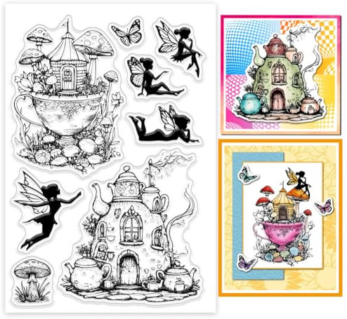 GLOBLELAND Klare Stempel Mit Teekanne Tasse Und Haus Fee Pilz Silikon Klare Stempelsiegel Transparente Stempel Für DIY Scrapbooking Karten Erstellen von Fotoalben Journalen