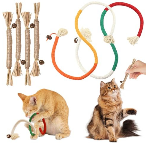 Gypie 2 Stück Kauspielzeug Katze mit 2 Beißseilen für Katzen und 4 Katzenminze Stick,Interaktive Beißseil,Katzenspielzeug Selbstbeschäftigung Mit Katzenminze,Für Die Katzen Zahnpflege