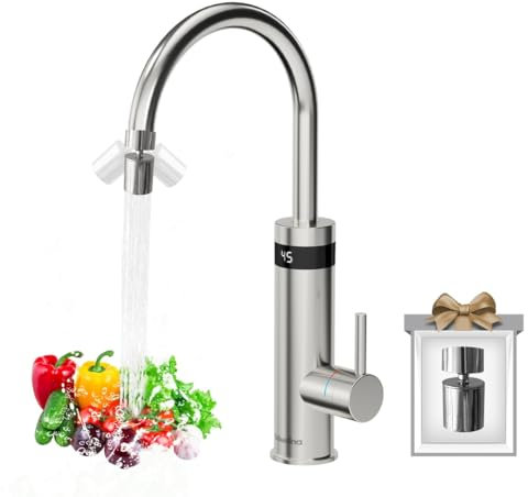 Briwellna Edelstahl Warmwasser Küchenarmatur, elektrischer Wasserhahn mit digitaler Anzeige, 220V Wasserhahn mit Durchlauferhitzer, 360 Grad drehbare Kalt- und Universaldüse, warmes Wasser bei 30-45℃