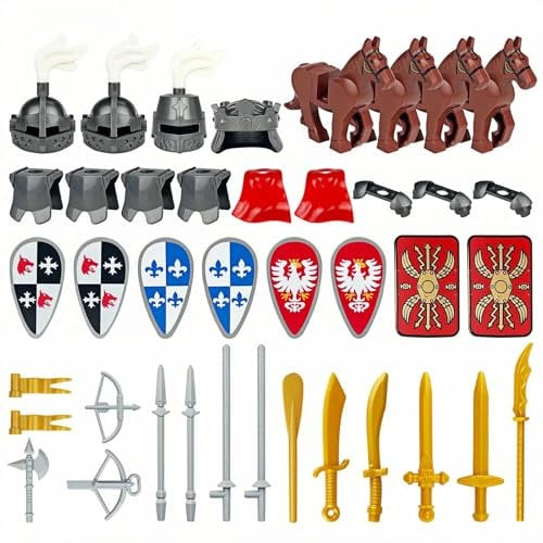 TRavesty Waffenpaket für Minifiguren, Mittelalterliche Ritter Waffenpaket Zubehör Kit Enthalten Helmsd, Rüstung, Schild, Umhänge Barding, Pferde Kompatibel mit großen Marken