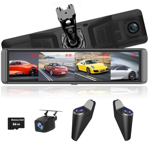 4 Channels Dash Cam For Cars, 360° panoramic monitoring Front Left RRight And Rear 4K+1080P *3 With Wifi APP ADAS BSD 12 Inch Special Rearview Mirror IPS Screen Waterproof Shark Side Len