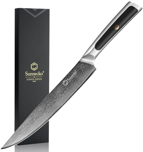 Sunnecko Carving Knife for Meat 8 inch, Sharp Slicing Knife with Damascus Steel VG10, Damascus Ktichen Knives with Inlaid Handle, Professional Slicer Knives for Meat Vegetable Cutting