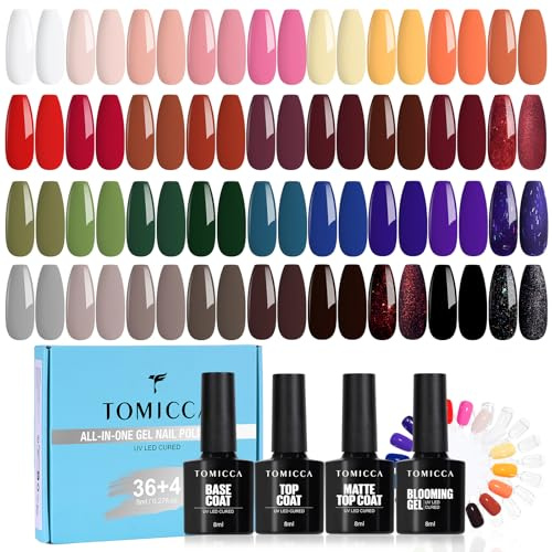 TOMICCA 40pcs Gel Nail Polish Set, 8ml Each – Complete UV Nail Kit with Base Coat, Glossy & Matte Top Coat plus Blooming Gel, Brown Red Orange Purple Black Classic Colors for DIY Home Manicure