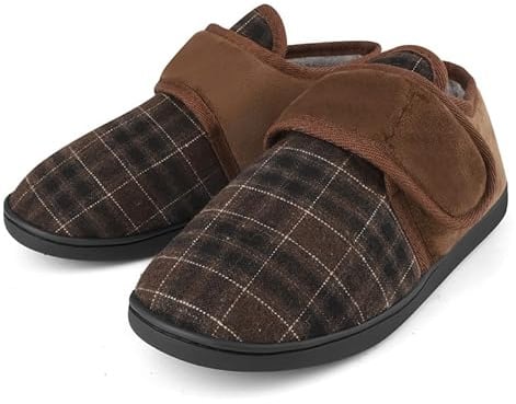 TIESTRA Mens Slipper Boots Warm Flocking Slippers Wide Fit Cosy Fur House Shoes Non Slip for Indoor & Outdoor Stripe Brown 11UK/45EU