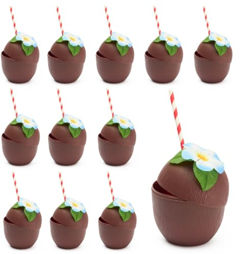 THE TWIDDLERS 60 Reusable Plastic Coconut Cups with Flowers for Decoration & Paper Straws - Garden, Pool & Beach Parties - Tiki Bar, Hawaiian-Themed Luau Party, Tropical Wedding