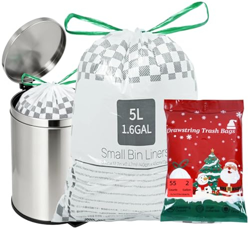 Christmas Small Bin Liners 5L Drawstring Bin Bags Easy Tear-Off Rubbish Bags, 55 Count Waste Trash Liners for Office Bedroom Kitchen Office Bathroom, Festive Design
