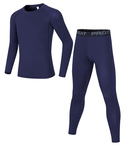 Dtone Set di maglia termica a maniche lunghe e leggings per bambini, da calcio, per sport e sci, Blu marino-regolare, 10-11 Years (Size 28)