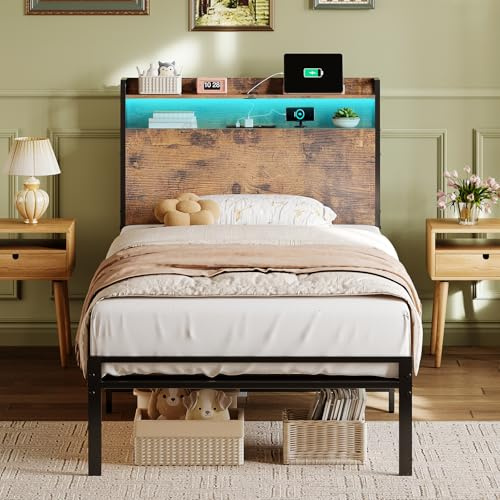 ODK Bett 90x200 cm Jugendbett Metall Bettgestell mit LED Beleuchtung & (Steckdose/USB), Holzkopfteil mit Stauraum, ohne Matratze