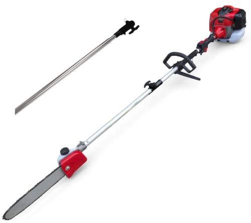 Synergy Podadora de Altura Gasolina 65cc 4,9CV con espada 25cm, arranque Easy Cut, transmisión reforzada, cinturón y accesorios incluidos + 1 alargo. Motosierra telescópica de pértiga.