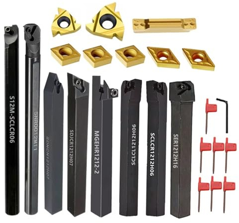 Drehbank Zubehör 8 Sätze CNC-Drehwerkzeughalter (8 mm, 10, 12, 16 mm) mit passenden Einsätzen und Schraubenschlüsseln für Gewindeschneiden(8set-10mm,Steel)