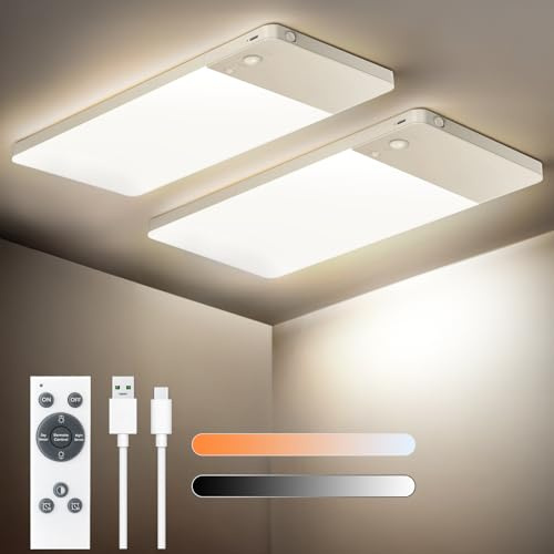 SNADER Rechargeable Motion Sensor Lights Indoor, Upgraded Wireless Ceiling Lights with Remote Control,12000mAh Battery Operated Wall Lights for Bathroom,Porch,Pantry,Closet Light (3000K-6500K, 2 Pack)