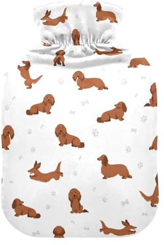 Dachshund Long Haired Seamless Pattern Hot Water Bottle with Velvet Cover Hot Water Bag for Pain Relief 1L, Neck Cramps Shoulders Pain Relief, Hot Cold Pack