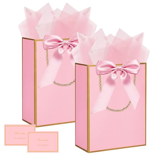 APXEL Pochettes Cadeaux, 2 Pièces Pochette Cadeau Anniversaire Moyen avec Anse et Ruban d'Arc, Sac Emballage Cadeaux avec Emballages et Cartes pour Valentin, Anniversaire, Mariages Fête, Or Rose