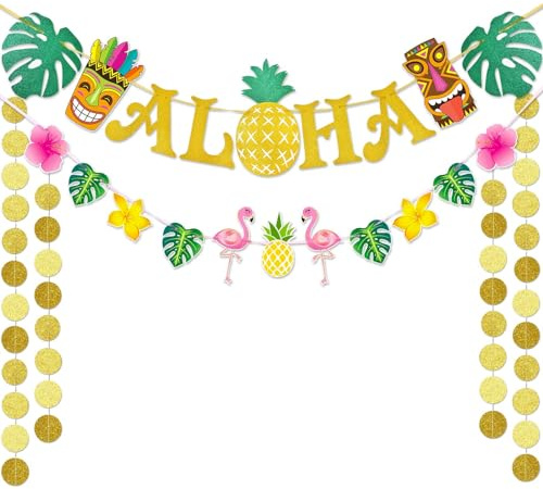 WERNNSAI Hawaii Aloha Banner – Flamingo Ananas Tropische Luau Party Deko | Großes Goldenes Glitzer Aloha Tiki Schild Girlande Dekoration für Geburtstag, Hochzeit, Sommer Strand & Pool Party