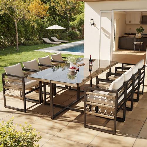 Merax Gartenmöbel Set 8 Personen, Outdoor Tischgruppe mit 8 Sesseln & 2 Esstisch aus Sicherheitsglas, Wetterfeste Garten Sitzgruppe mit 8 cm Kissen, Stahlrahmen für Terrasse Balkon Garten, Beige