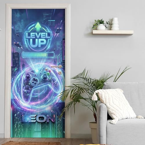 Türtapete selbstklebend | personalisiert mit Namen | 200 x 90 cm Cyberpunk Gamer Design | Tür Aufkleber Poster Türfolie | Einteilig | Wasserfest 3D Türaufkleber Wandtattoo Türposter Teenager
