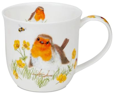 Dunoon Bone China Kaffeetasse 450 ml Cumbrae Robins Becher mit Rotkehlchen Motiv Große Teetasse 0,45l handgefertigt in England, 102 mm Ø, 96 mm hoch, spülmaschinenfest, edles Geschenk