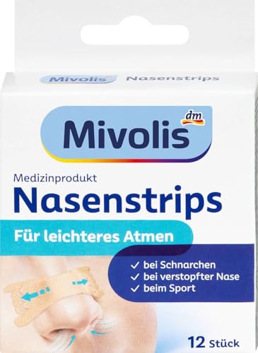 Mivolis Nasenstrips zur Erleichterung der Nasenatmung – 12 Stück – Hilfe bei Schnarchen & verstopfter Nase – Ideal für Sport & Schlaf – Rein mechanische Wirkung – Latexfrei