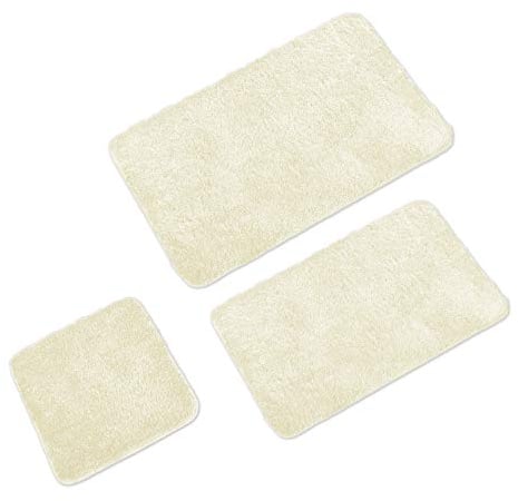 WohnDirect Badematten Set 3tlg - 3X Badvorleger (45x45 + 50x80 + 60x100cm) - Badteppich rutschfest & Waschbar - OHNE Ausschnitt - Creme