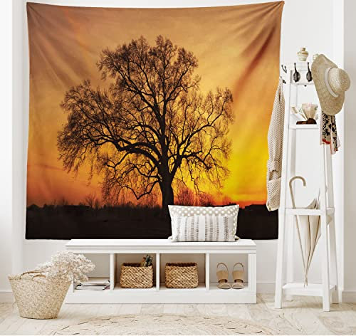 ABAKUHAUS Baum Wandteppich Baum Abbildung im Sonnenuntergang einsames emotionales Natur Fotographieaus Weiches Mikrofaser Stoff 150 x 110cm Waschbar ohne Verblassen Digitaldruck, Orange Braun