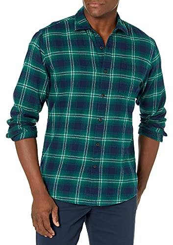 Amazon Essentials Men's Long-Sleeve Flannel Shirt (Available in Big & Tall), Green Navy Ombre Plaid, L