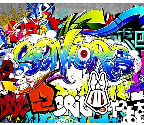decomonkey - Papier Peint Panoramique Graffiti 350x256 cm - Décoration murale moderne – Tapisserie décorative pour chambre salon - Graffitis artistiques inscriptions murales urbaines colorées