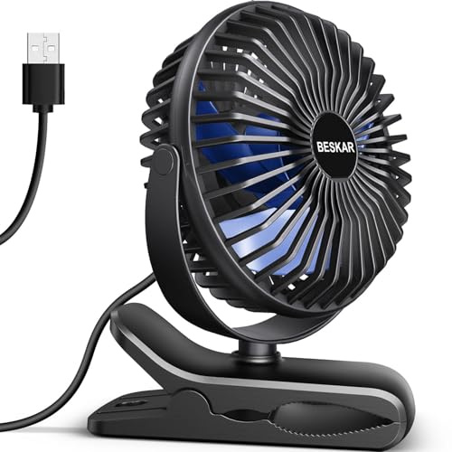 BESKAR Ventilateur USB à clipser, petit ventilateur portable avec cordon d'alimentation, 3 vitesses de flux d'air puissant, avec pince robuste, ventilateur de bureau personnel silencieux