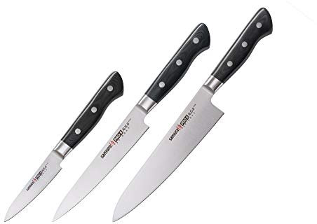 SAMURA PRO-S Messerset mit Gemüsemesser, Universalmesser und Kochmesser, 59 HRC, in Geschenkbox