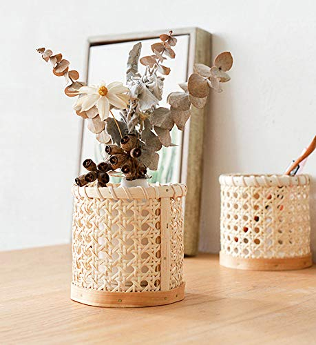Pingbu handgefertigter Rattan Make-up-Pinselhalter aus Holz, geflochtener Blumenkorb, hohler Stifthalter Stifthalter Gadget Aufbewahrung Büro Schreibtisch ordentlich Dekor Organizer 2 Stück