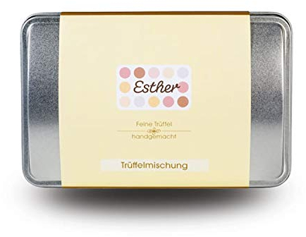 Esther 10er Pralinendose mit Alkohol | Hochwerte Metalldose mit 120g gemischten Pralinen und Trüffel | edle Geschenkidee für Vatertag, Muttertag, Oma, Opa, Mama oder Papa