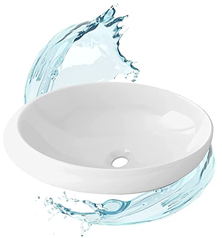 STARBATH PLUS - Aufsatzwaschtisch - Ovales Waschbecken weiß glänzend -Extra feine Keramik - Universalablauflochdurchmesser – 49x30x13 cm
