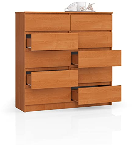 Kommode, 10 Schubladen, viel Stauraum, Kleiderschrank, Flur, Badezimmerschrank, Kommode, Multifunktionsschrank. Abmessungen: 120x121x40cm (Erle)