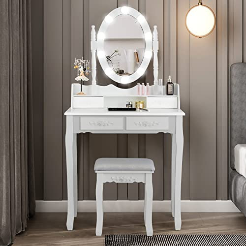 RELAX4LIFE Toeletta Trucco con Luci, Postazione Trucco con Sgabello e Specchio Girevole a 360°, Luminosità Regolabile, Tavolo da Trucco per Camera da Letto (Bianco, 75 x 40 x 145cm)