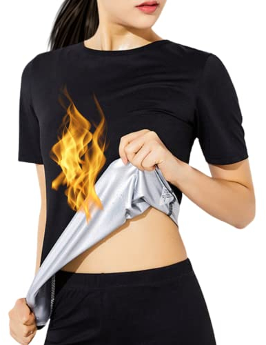 Saunaanzüge Sauna Shirt Kurzarm Oberteile T-Shirts Tops Abnehmen Rundhalsausschnitt Hot Thermo Sommer Sweat Schweiß Schwitzen Frauen Women Damen mädchen