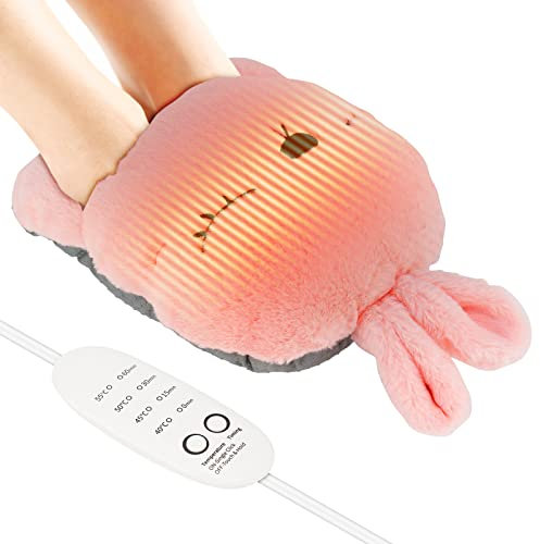Coikes Electric Heated Foot Warmers Cute Rabbit Soft USB Charging Feet Warmer Pads Anti-Slip Detachable Heated Shoes with 4 Temperature Setting 4 Timer Setting for Feet, Hands, Winter (Pink)