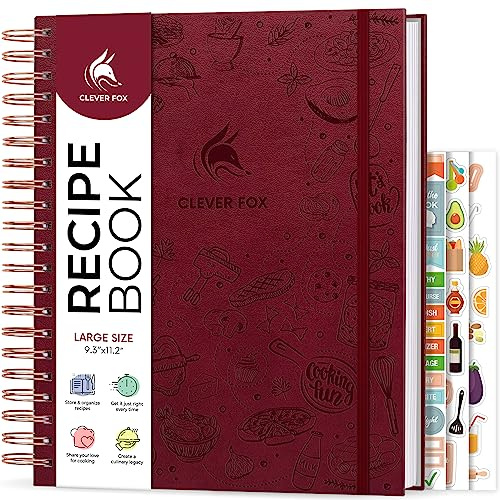 Clever Fox Recipe Book, Blank Spiral Cookbook Journal, Large Burgundy | 21 x 28cm empty recipe book to write in your own recipes, eco-leather hardcover, 120 gsm paper, stickers, cooking & baking