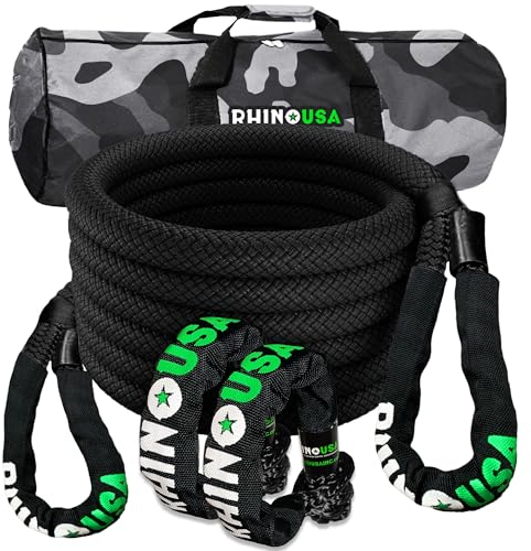Rhino USA Corda Traino Auto di Recupero - Fune Corda Rimorchio Auto Cinetica - 13,000kg (2.2cm x 9m) - Corda Resistente con 2 Grilli Morbidi - per UTV ATV LKW Fuoristrada Trattore - Nero
