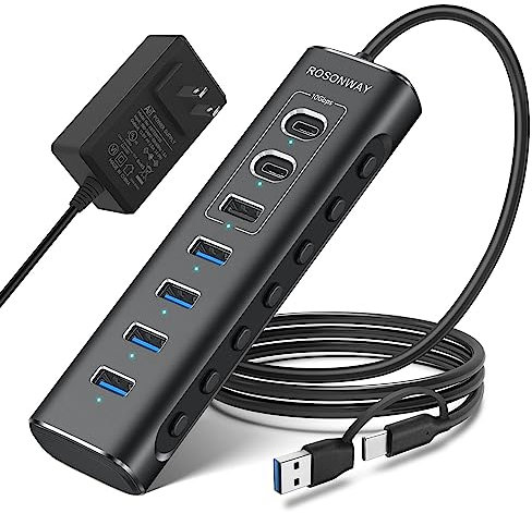 Rosonway - Concentrador USB 3.2/USB C de 7 puertos con USB-A 3.2 de 10 Gbps, 2 USB-C 3.2, 4 puertos USB 3.0, interruptores individuales y adaptador de corriente de 12 V, expansor de puerto USB de