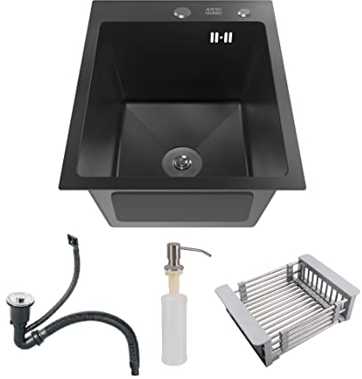 ANW HOME Fregadero de Cocina Graphite 40x50 cm con Sifón, Escurridor de Cestillo y Dispensador de Jabón de 350 ml, Fregadero de Cocina de Acero Inoxidable 304 con 2 Agujeros para Grifo