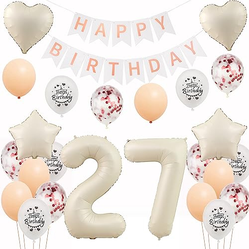 Weiß Luftballons 27 Geburtstag Frauen Deko Set,Deko 27.Geburtstag Frauen,Folienballon 27 Geburtstag Frau Dekoration,Geburtstagdeko 27 Jahre Geburtstag Frau Weiß Ballon 27 Geburtstag deko Frauen