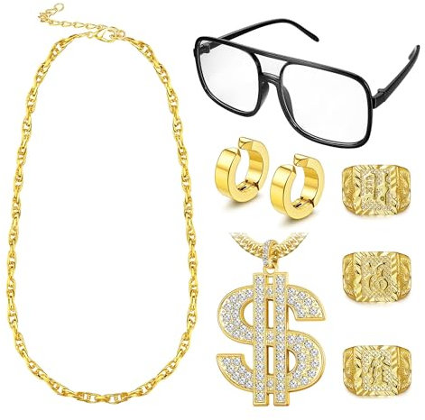 Diamday 80er 90er Hip Hop Kostüme Outfit Fake Goldkette Geldkette Rapper Punk Sonnenbrille Gold Reifen Ohrringe Chian Armbänder