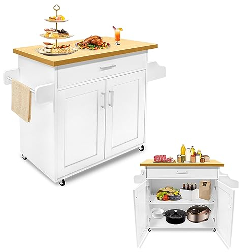 NAIZY Armario de cocina con encimera, ruedas y cajones, carro de cocina, con cerradura, carrito para servir, incluye toallero y estante para especias, muebles de cocina, 115 x 36 x 90 cm