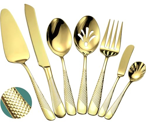 Xideman® 7-Piece Hammered 18/10 Stainless Steel Cutlery Serving Utensil Set - Hostess Flatware with Cake Knife & Cake Server (Champagne Gold)