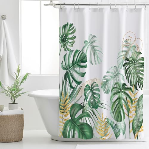 HOMEWINS Duschvorhang 180x200 cm Polyestergewebe mit Blumenmuster, Waschbar und Schimmelfest, Wasserdicht und Schnell Trocknend, Badevorhang mit 12 Duschvorhangringe - Monstera Deliciosa