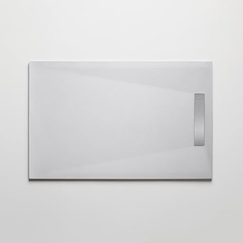 Receveur de douche résine 90 x 140 cm - Finition pierre couleur blanche - Modèle PURE avec grille inox et bonde inclus