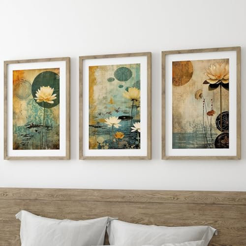 Japanese Lotus Flowers Wall Art Set of 3 Unframed Poster Prints, Digitally Printed Painting Style, Living Room Bedroom Bathroom Poster Home Decor, Lotus Flowers in Muted Colours (A3)