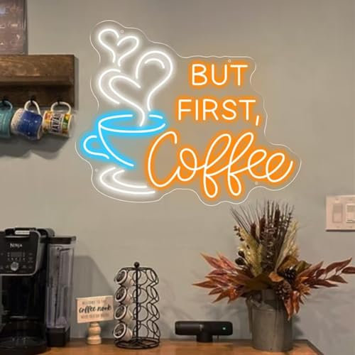 But First Coffee Neonschild Groß 5 V USB Betrieben Acryl Neonlichter mit Dimmbarem Schalter und Hängekette für Kaffee, Café, Bar, Party, Wohnzimmer Schild Geschenke, 35.5x28.7CM (Orange)