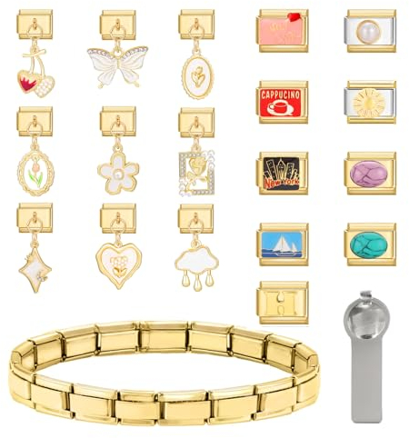 20PCS Italian Charm Bracelet Set Gold,italienische Armbänder mit Öffnungswerkzeug,9 mm DIY abnehmbares Modul,Italian Style Charms für Damen, Mädchen Junge Geschenk